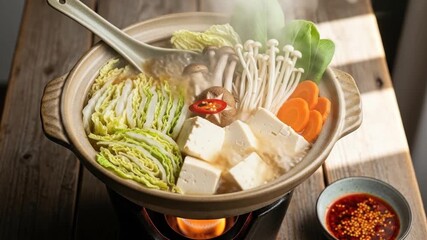 Delicious asian style soup with vegetables and tofu in a traditional pot
