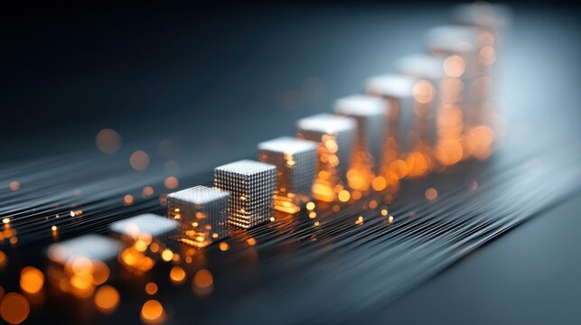 An abstract representation of digital data visualization with glowing cubes, demonstrating trends or metrics against a dynamic background.