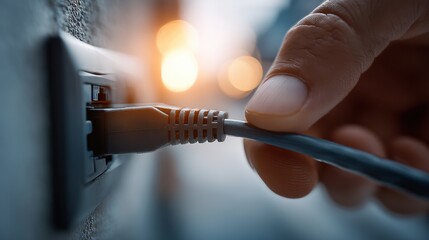 A close-up of a hand plugging an Ethernet cable into a socket, symbolizing connectivity and technology in modern life.