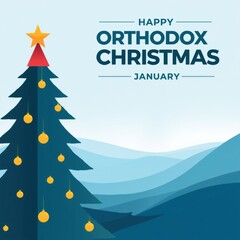 Happy orthodox christmas january greeting with decorated tree and snowy mountains