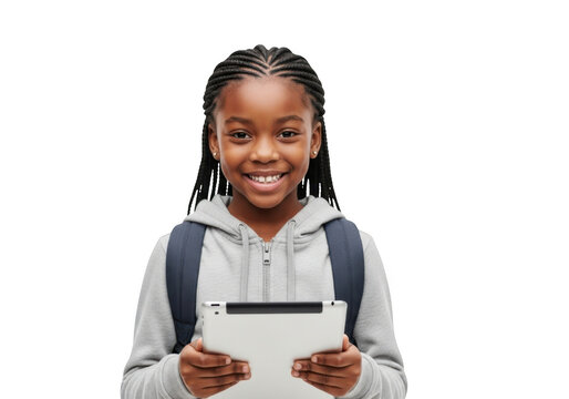 Young african american girl with braided hair smiling and holding a digital tablet computer device isolated on transparent background - Powered by Adobe