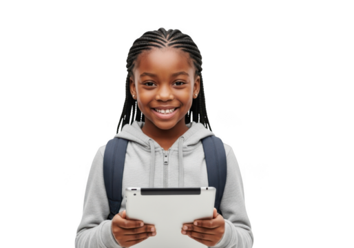 Young african american girl with braided hair smiling and holding a digital tablet computer device isolated on transparent background - Powered by Adobe