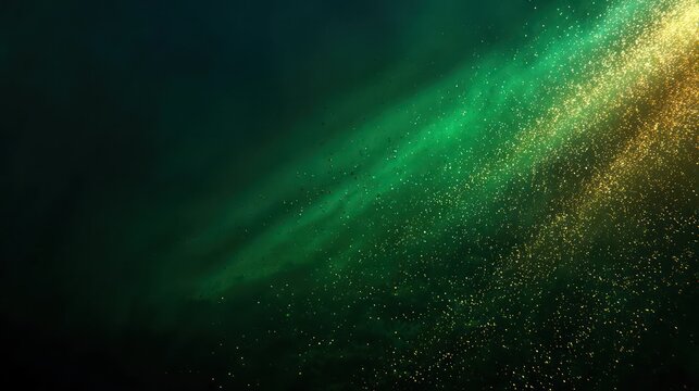 Abstract underwater light rays illuminating vibrant green and golden particles in deep dark water