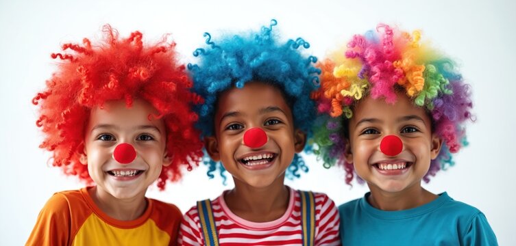 Three children with clown wigs and red noses laugh together. They wear colorful outfits and show joyful faces. Kids have fun in studio, feeling happy and playful during party.