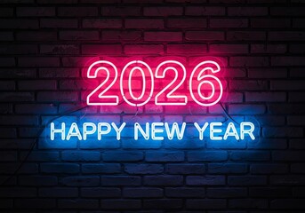 Happy new year 2026 neon sign illuminating a brick wall.