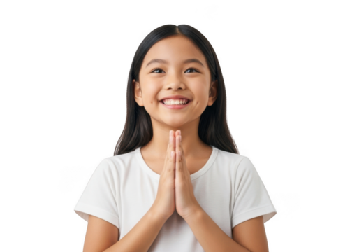 Young asian girl with long dark hair wearing a white t shirt smiling with hands pressed together in a gesture of greeting or prayer isolated on transparent background