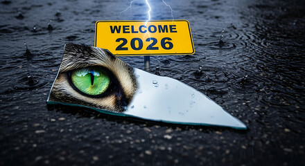 Welcome 2026 Sign with Cat Eye Reflection in Broken Mirror on Rainy Asphalt