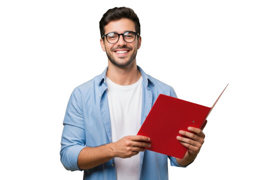 Smiling young man wearing glasses and a blue shirt holding a red folder isolated on transparent background - Powered by Adobe