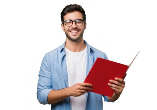 Smiling young man wearing glasses and a blue shirt holding a red folder isolated on transparent background