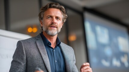 A professional man delivers a presentation in a modern setting, engaging his audience with clear communication and confident body language.