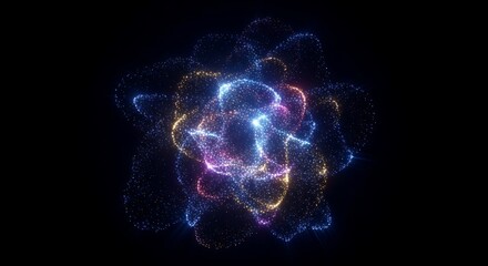 Abstract glowing particle cloud with blue, purple, and gold hues in darkness