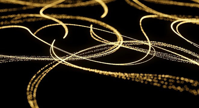 Abstract golden light trails on a dark background creating a dynamic pattern