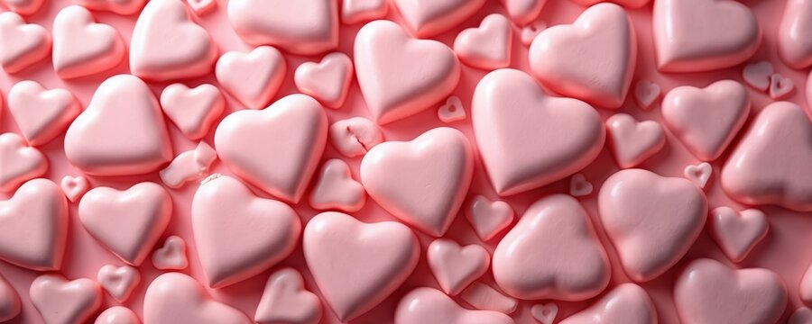 Pink heart candies arranged on pink background. Hearts in various sizes create repeating pattern. Photo suitable for romantic events like Valentine day or weddings. Also great for sweets advertising.