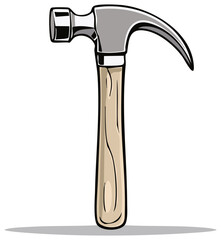 Illustrated Claw Hammer Tool with Wooden Handle and Cast Shadow on White Background