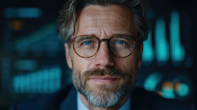 A confident man with glasses and a beard smiles, set against a backdrop of financial graphs and data, suggesting a professional environment.
