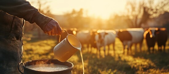 Milk poured into a pot in a field at sunrise