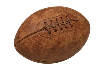 Old brown leather american football with laces, representing a classic sport and retro game design, on transparent background