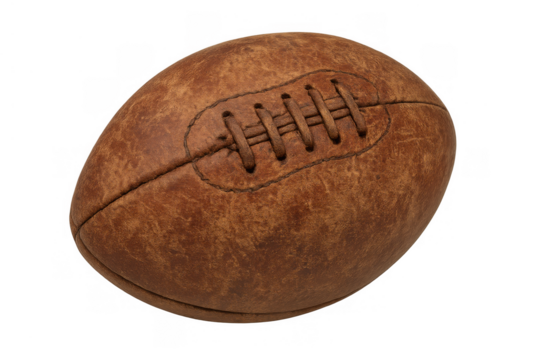 Old brown leather american football with laces, representing a classic sport and retro game design, on transparent background