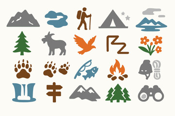 Alpine Lakes Wilderness Adventure Icon Set with Wildlife and Nature Symbols