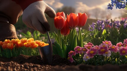 Gardener planting tulips