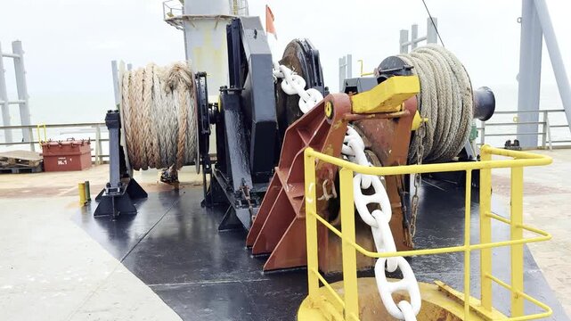 Forward mooring station of cargo ship showing windlass, mooring winches, ropes, and anchor chain. 3