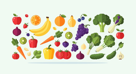 Colorful assortment of fresh fruits and vegetables flat vector illustration healthy eating and lifestyle concept