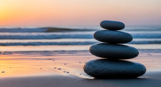 Zen stones stacked on the beach at sunset for a peaceful meditation - Powered by Adobe