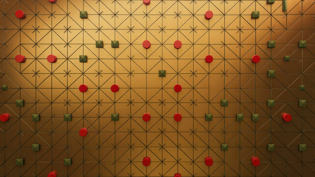Abstract golden textured grid with red dots and green pyramids