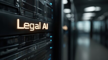 The image features a close-up of a server with "Legal AI" illuminated, suggesting advanced technology in the legal field.