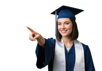 A smiling young woman wearing a graduation cap and gown points her finger to the left isolated on transparent background