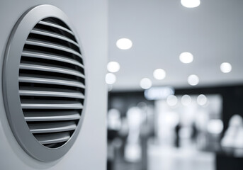 A closeup of a circular ventilation grille on a white wall, showcasing the importance of air circulation and quality in a modern building