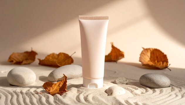 Soft focus on a minimalist beauty product tube nestled in zen garden sand with dried autumn leaves and smooth pebbles creating a serene, organic aesthetic