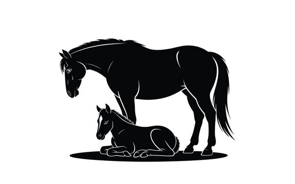 A black silhouette of a mare and her foal stand on a white background.