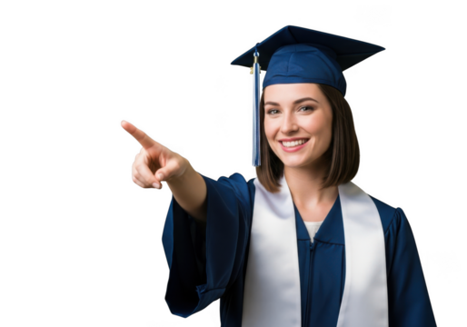 A smiling young woman wearing a graduation cap and gown points her finger to the left isolated on transparent background - Powered by Adobe