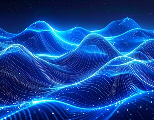 Digital waves undulate, a cerulean panorama with sparkling highlights under a night sky, resembling data streams