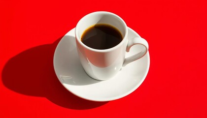 White porcelain coffee cup and saucer, shadow on red backdrop, white, drinkware
