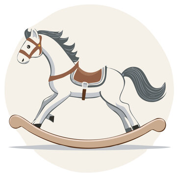 Illustration of a rocking horse children's toy, with a saddle and brown bridle.