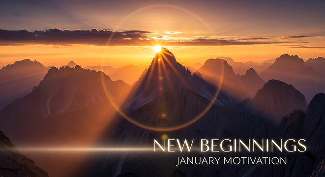 New beginnings january motivation text with mountain and sunrise scene