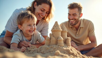 Parents and child build sandcastle on beach. Family laughs making fortress, enjoying sunny vacation day, creating joyful childhood memories by ocean. Fun summer recreation.