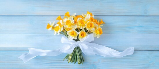 Daffodils Bouquet on Light Blue Wood