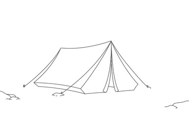 A simple canvas tent is pitched in an outdoor setting.