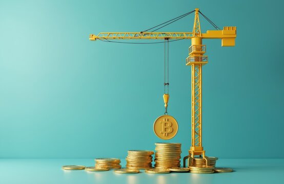 Yellow construction crane lifts golden Bitcoin coin symbol. Growing stacks of various gold coins sit below. Image visualizes crypto currency investment, financial growth, digital assets building