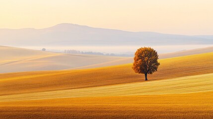 Golden field, lone tree, sunrise