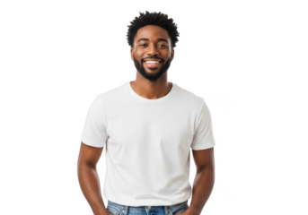 Smiling young adult african american man wearing a white t shirt and blue jeans standing with hands in pockets isolated on transparent background