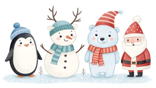 Adorable christmas characters featuring a penguin, snowman, polar bear, and santa claus standing in the snow, creating a festive and heartwarming holiday scene