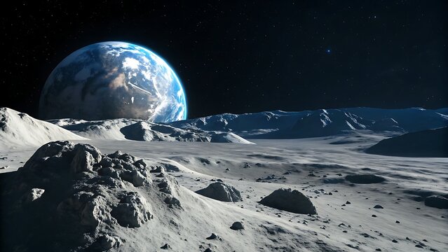 A stunning view from the moons surface, showcasing the earth rising above the lunar horizon, with craters and mountains illuminated by distant stars in the dark sky