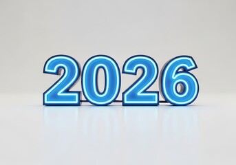 Year 2026 blue glowing neon sign on bright background