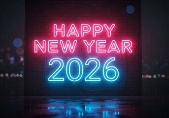 Happy new year 2026 neon sign on brick wall at night