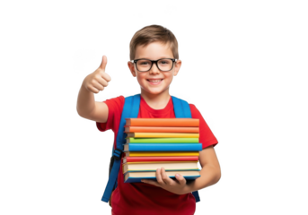 Young boy with glasses and backpack holding stack of colorful books giving thumbs up isolated on transparent background
