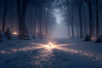 A single lit candle in the snow surrounded by faint golden light forming a cross shape,  representing peace, faith, and rebirth